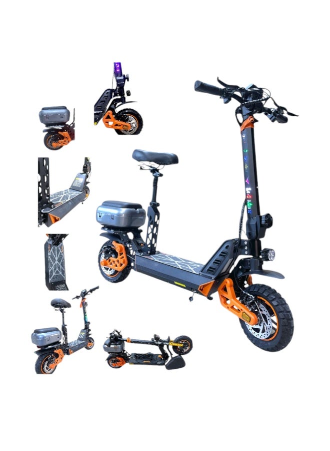 سكوتر مونستر روسي أصلي M4MAX – بطارية 48 فولت 10 أمبير | محرك 1000 واط | تعليق هيدروليكي مزدوج | إطارات 10 بوصة | أضواء LED | مقعد تخزين خلفي | قابل للطي ومتينة - Image 2